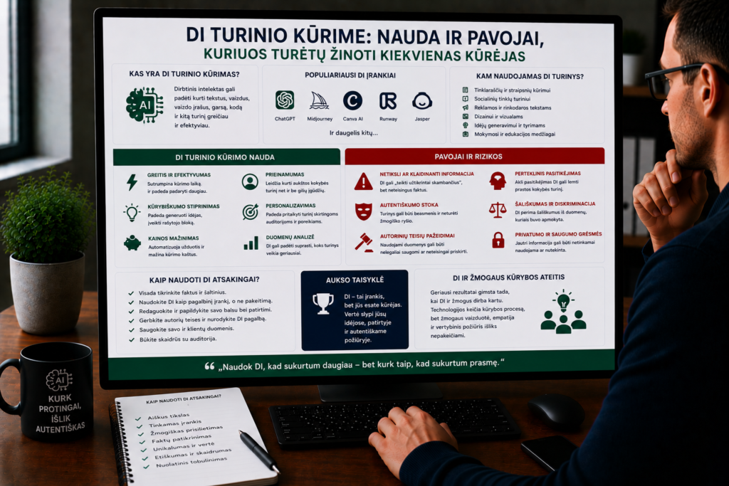 AI turinio kūrimas privalumai ir pavojai